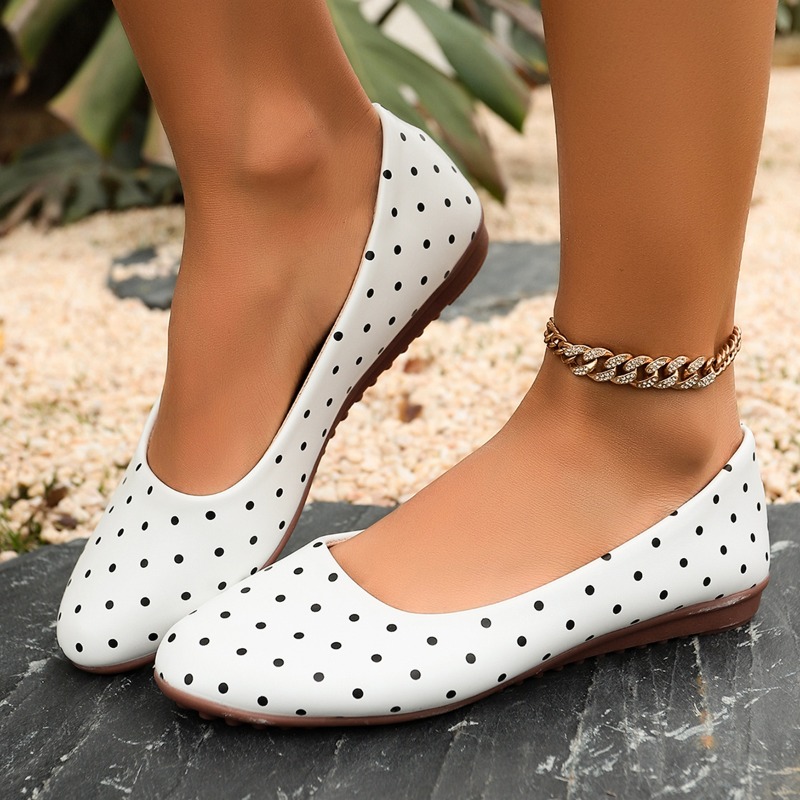 Women'S Shoes Round Toe - Ladies White Polka Dot Flats Round