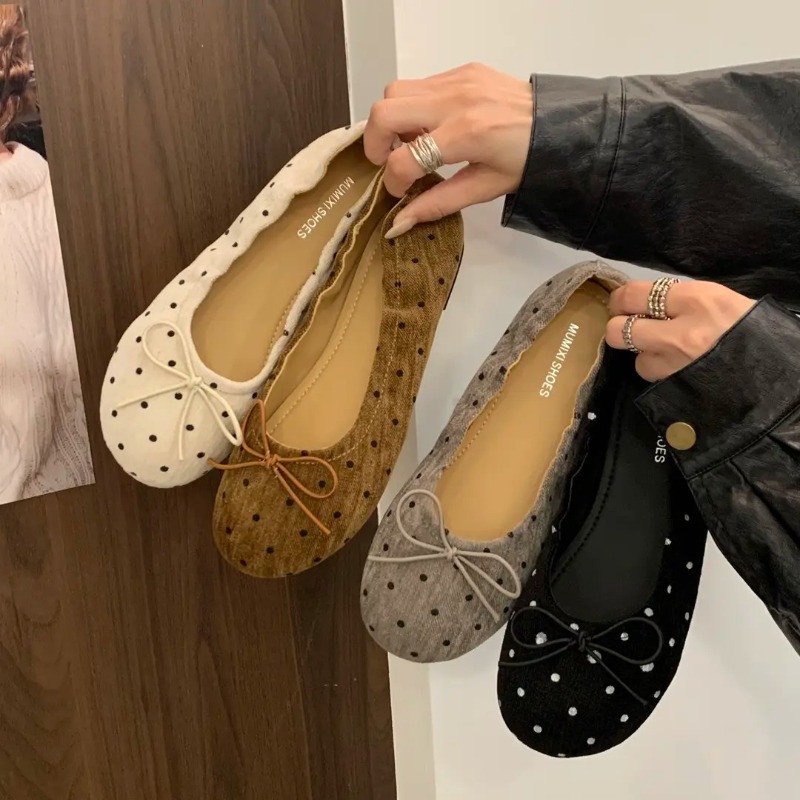Women'S Shoes Round Toe - Women Polka Dot Ballet Flats Slip‑on