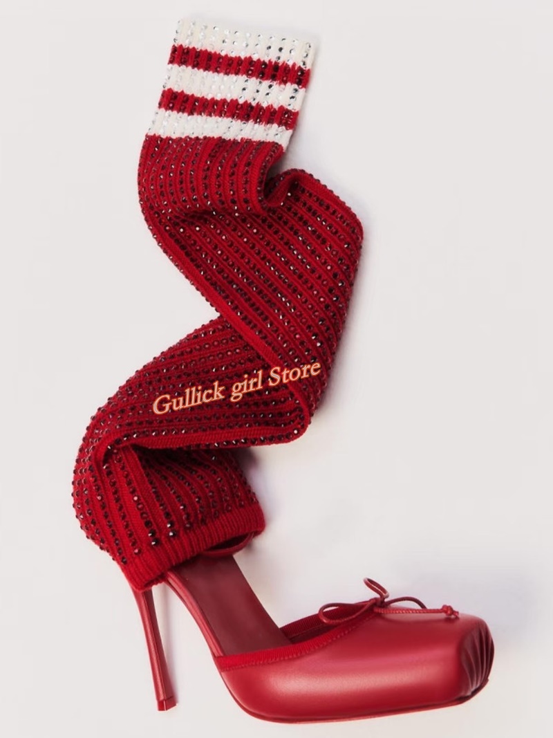 Women Shoes Sale - Red Knit Square Toe Boots Cut