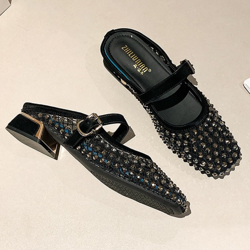 Mesh Rhinestone Chunky Heel Mu - Mule Slip On recension och pris
